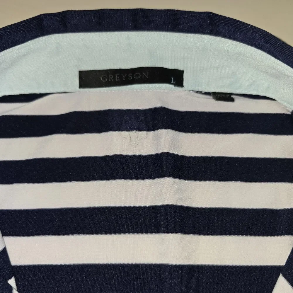 Greyson Polo Shirt Men L Blue White Striped Short Sleeve Performance Preppy Golf